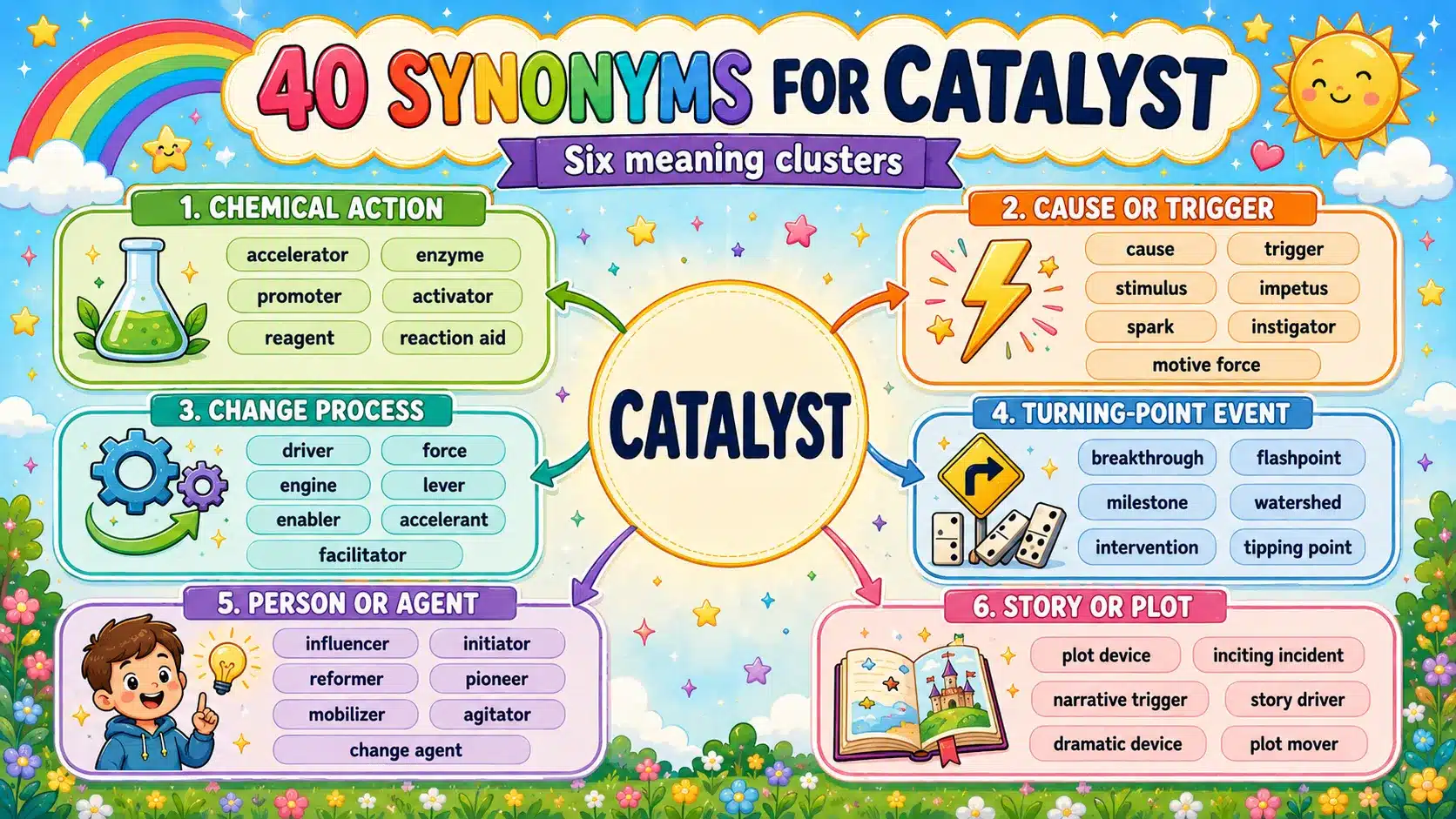 Word map of 40 synonyms for catalyst grouped into six clusters by meaning