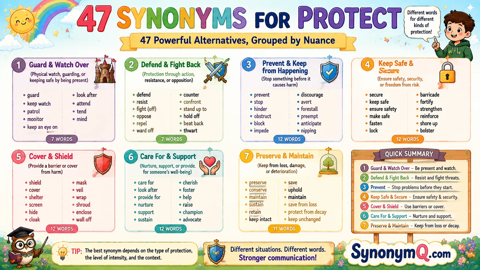 Infographic showing 47 synonyms for protect grouped into seven nuance clusters