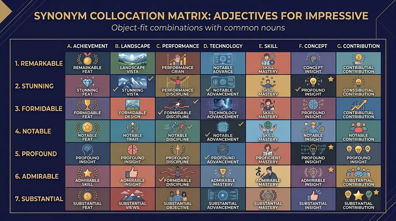 Object-fit matrix pairing all seven replacement words with the nouns each one naturally takes