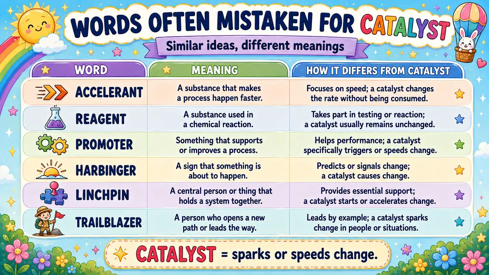 Comparison chart of six words mistaken for catalyst: accelerant, reagent, promoter, harbinger, linchpin and trailblazer