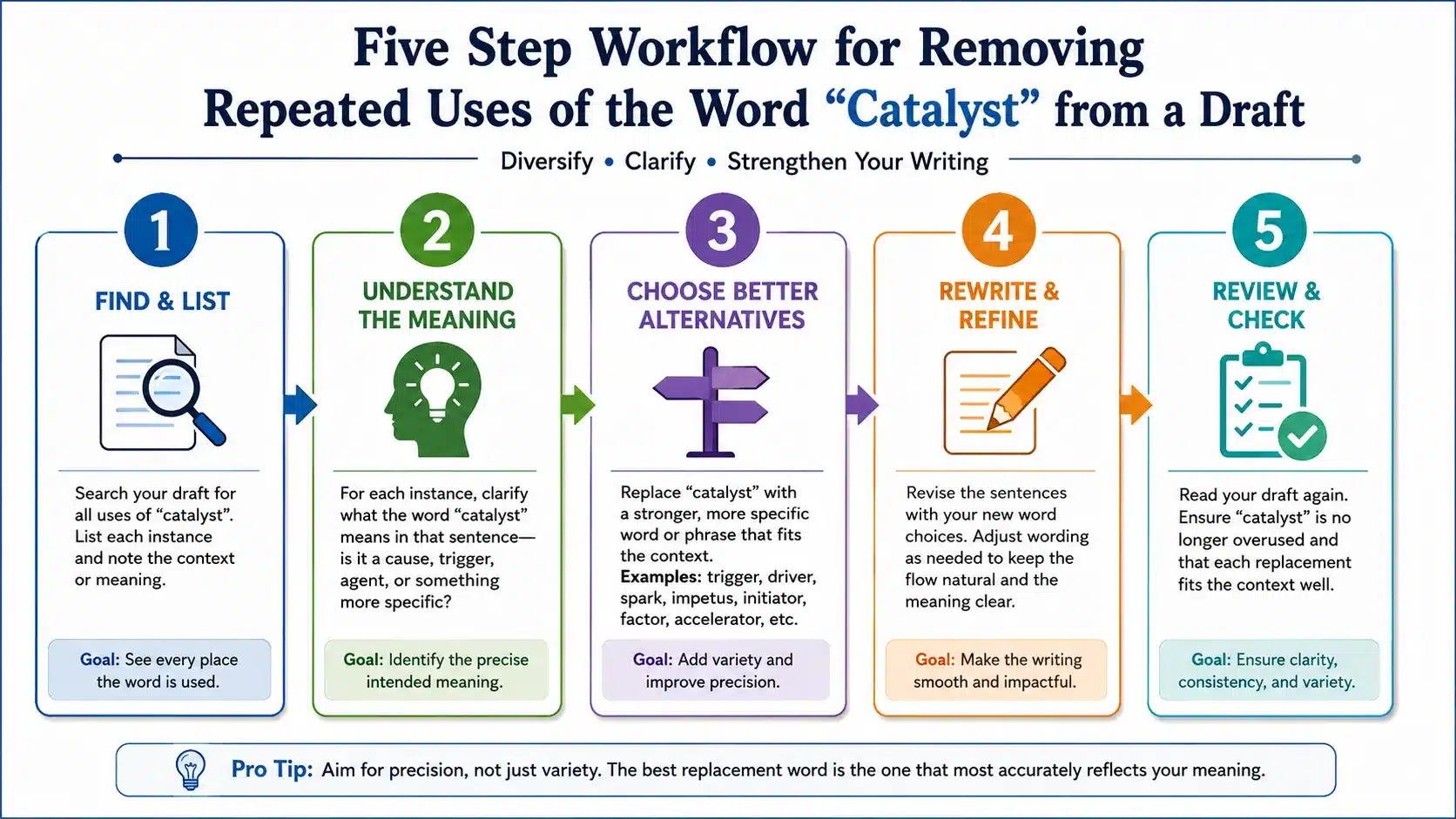Five step workflow for removing repeated uses of the word catalyst from a draft