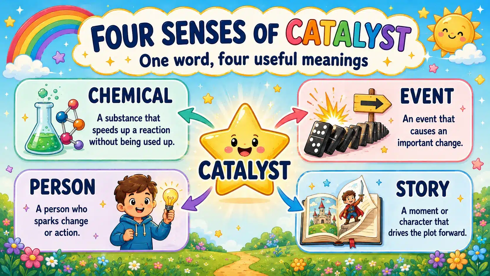 Flowchart showing the four senses of catalyst: chemical, event, person and story