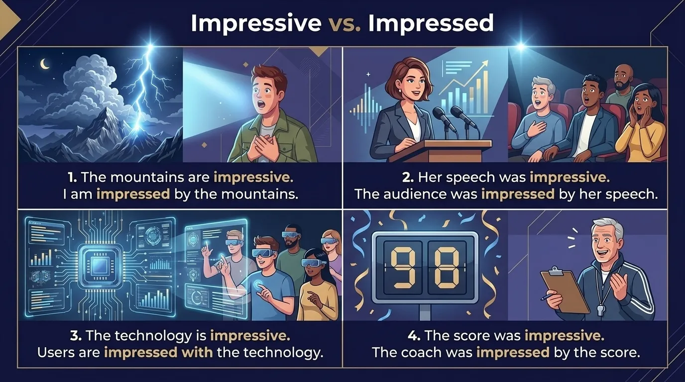 Four impressive and impressed sentence pairs that clear a spell-checker, each shown with its correction