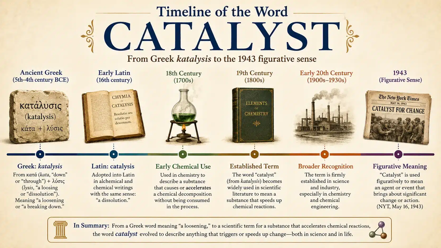 Timeline of the word catalyst from Greek katalysis to the 1943 figurative sense
