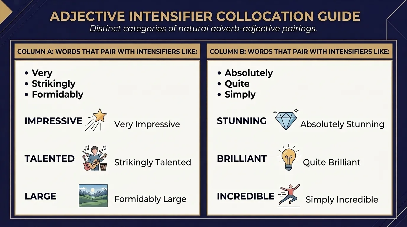 Two columns splitting words that take very, striking and formidable, from words that take absolutely, quite or simply