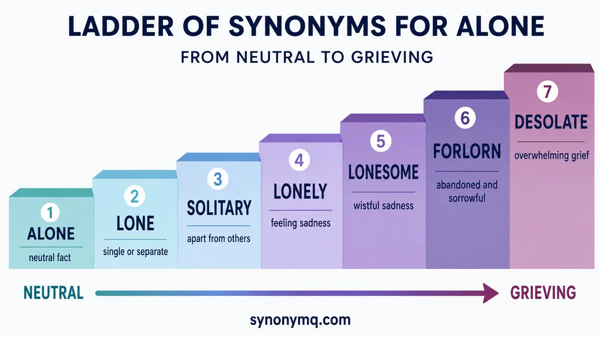 Ladder of synonyms for alone from neutral to grieving: alone, lone, solitary, lonely, lonesome, forlorn, desolate