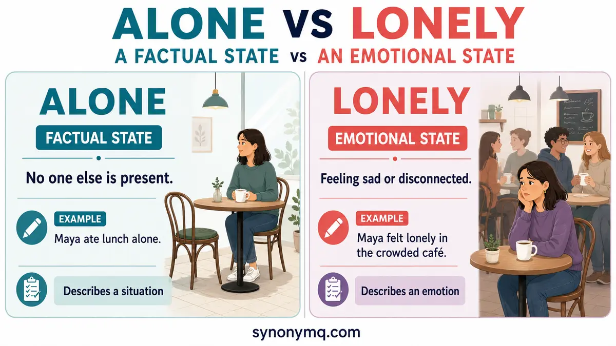Side by side comparison of alone as a factual state and lonely as an emotional state, with example sentences for each