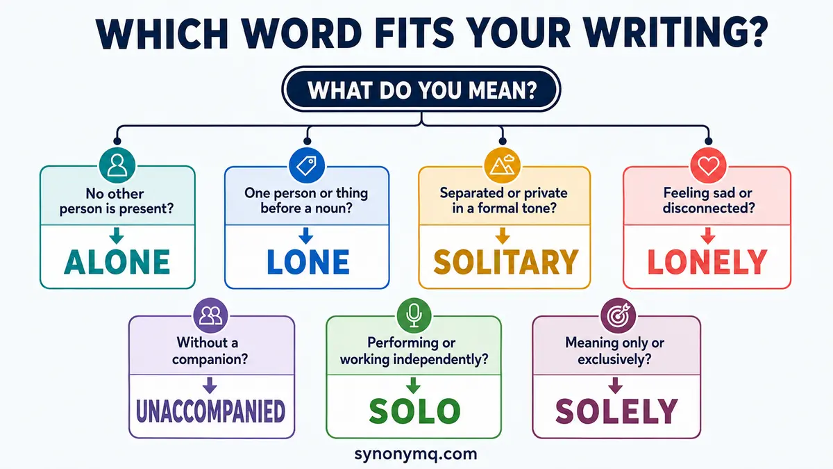 Decision chart matching writing situations to alone, lone, solitary, lonely, unaccompanied, solo or solely