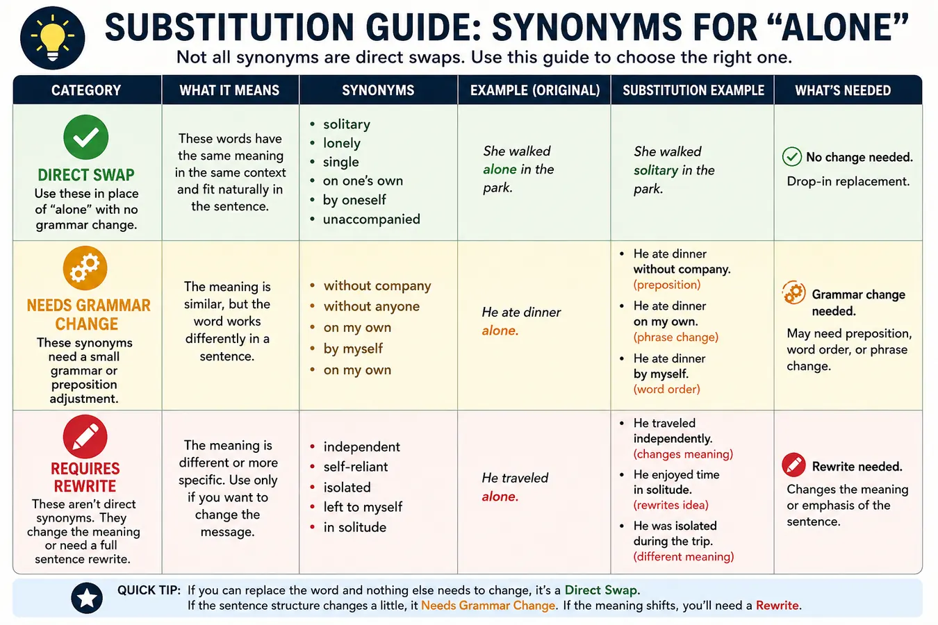 Substitution table showing which synonyms for alone are direct swaps, which need grammar changes and which require a rewrite