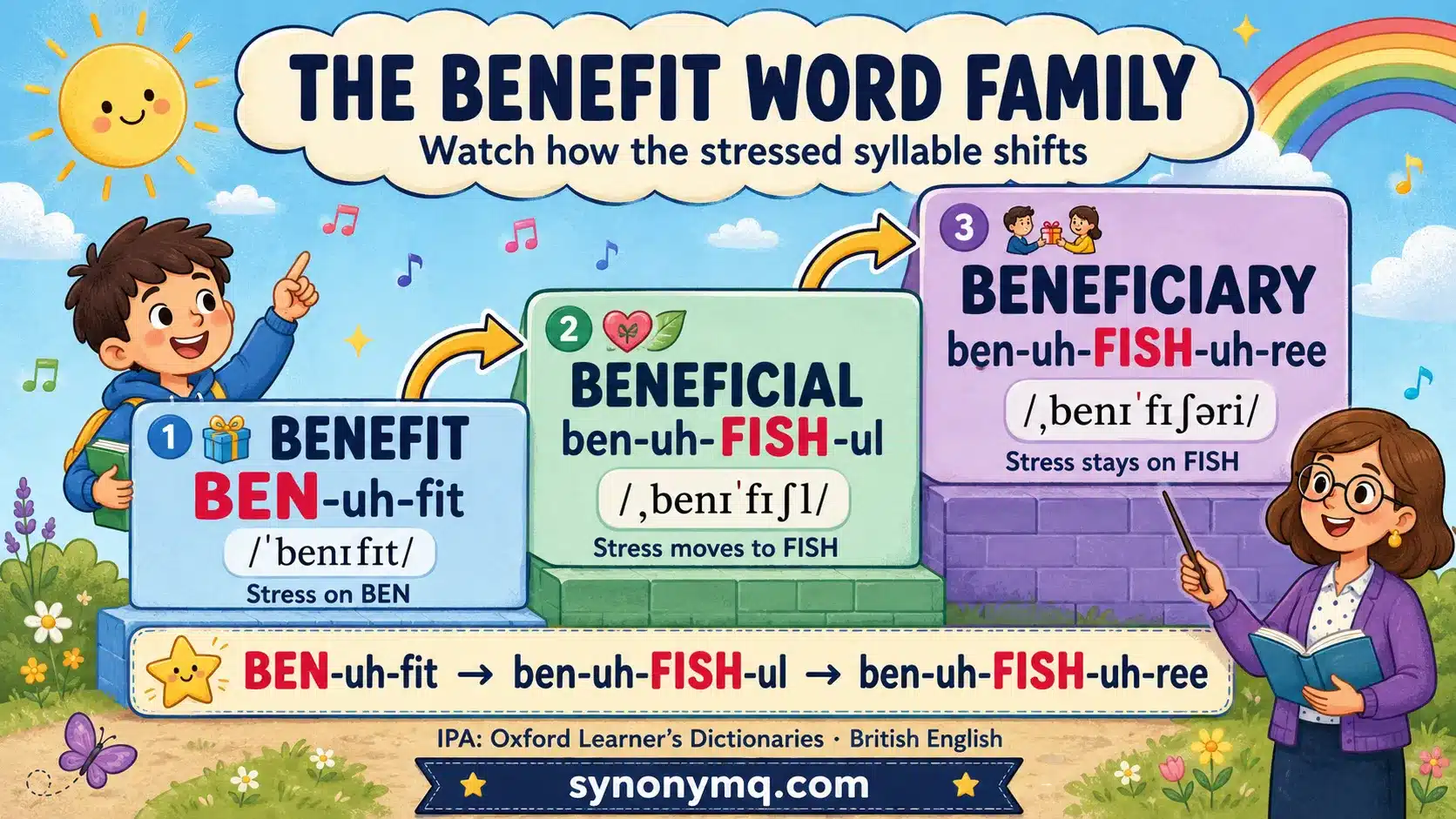 Pronunciation ladder showing the stress shift from BEN-uh-fit to ben-uh-FISH-ul to ben-uh-FISH-uh-ree, with the Oxford IPA transcriptions beside each.