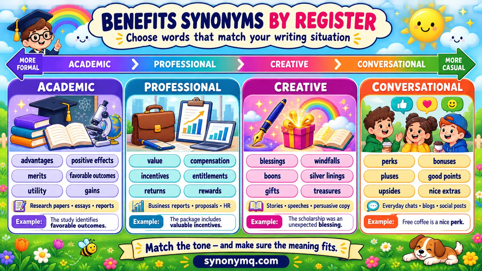 Register spectrum for benefits synonyms mapped to writing situations: academic, professional, creative and conversational.
