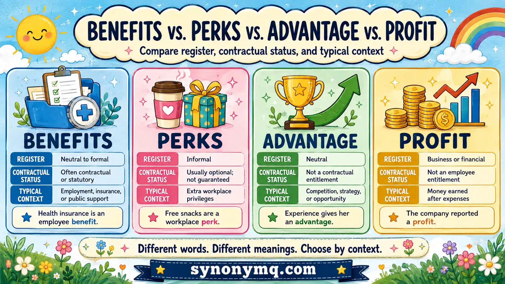 Comparison card contrasting benefits, perks, advantage and profit across register, contractual status and typical context.