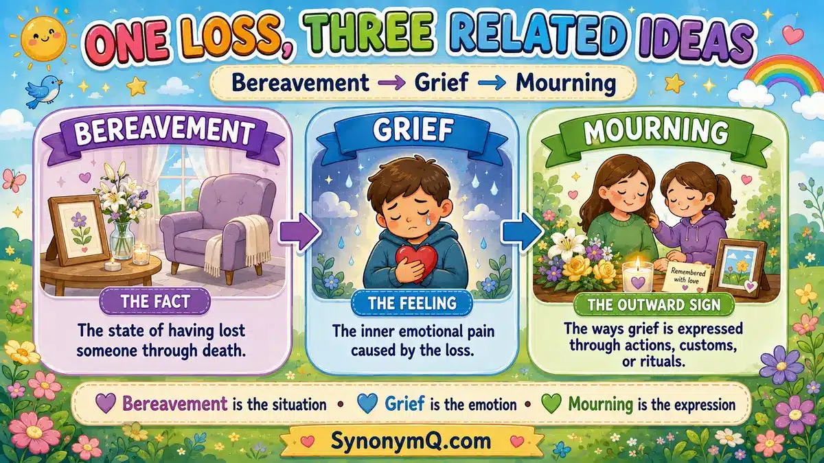 Diagram — bereavement (the fact) → grief (the feeling) → mourning (the outward sign), one event in three slots