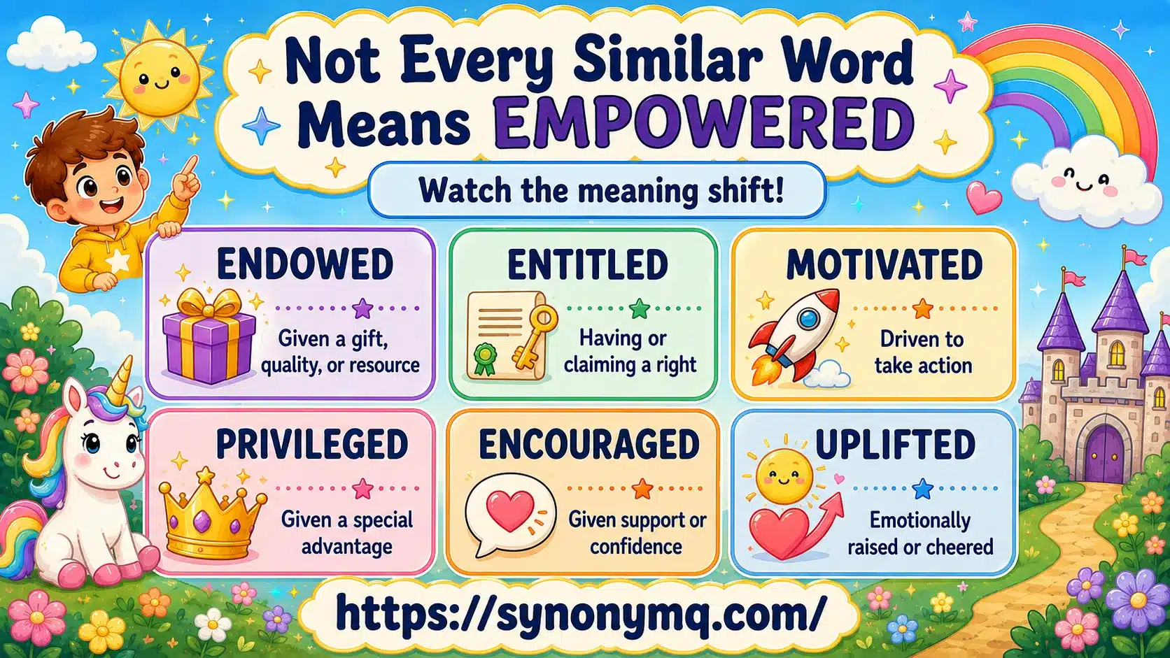 Infographic listing six words often mistaken for synonyms of empowered: endowed, entitled, motivated, privileged, encouraged and uplifted, each with the meaning shift it causes.