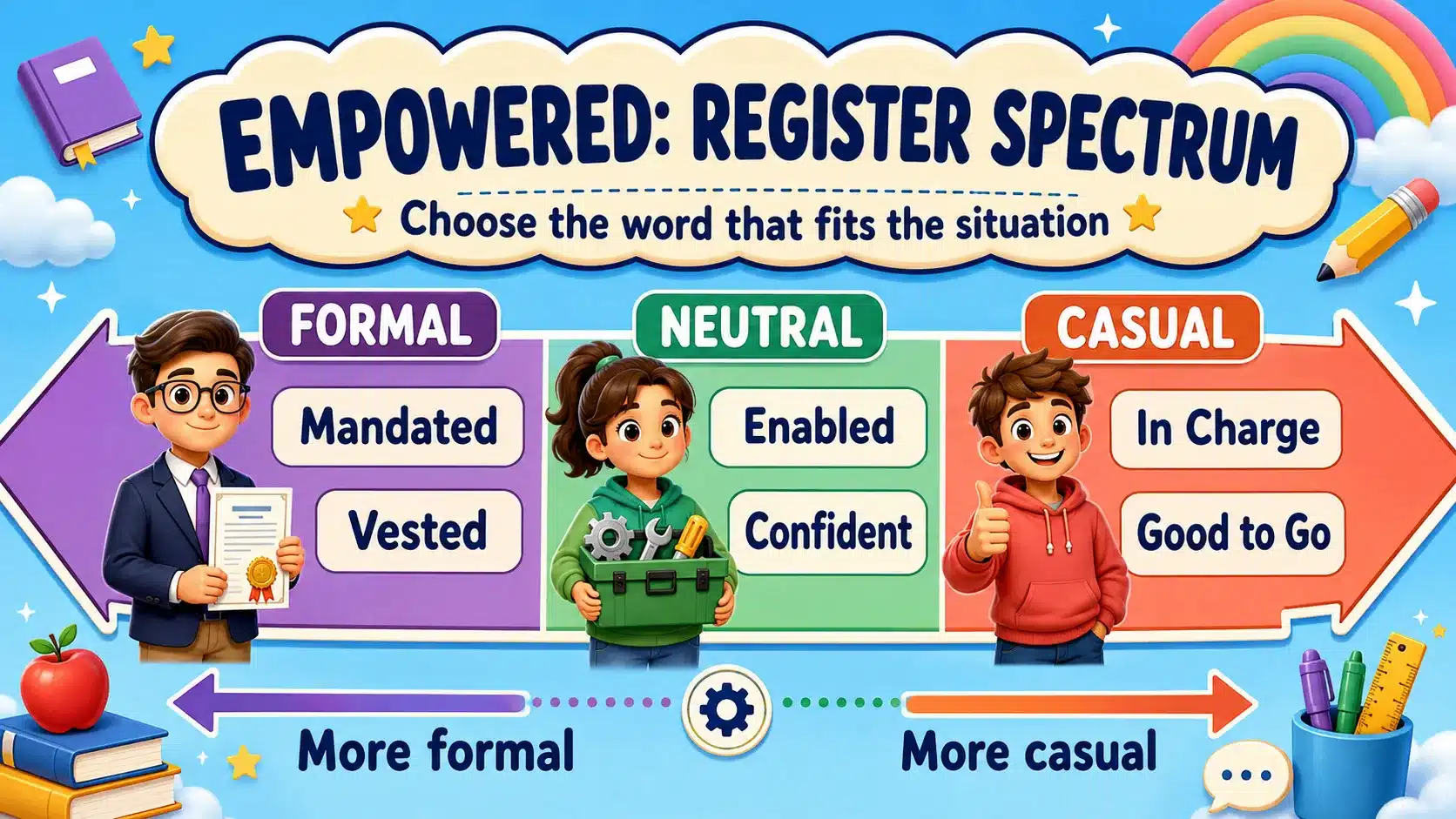 Register spectrum infographic running from formal alternatives for empowered such as mandated and vested, through neutral ones such as enabled and confident, to casual ones such as in charge and good to go.