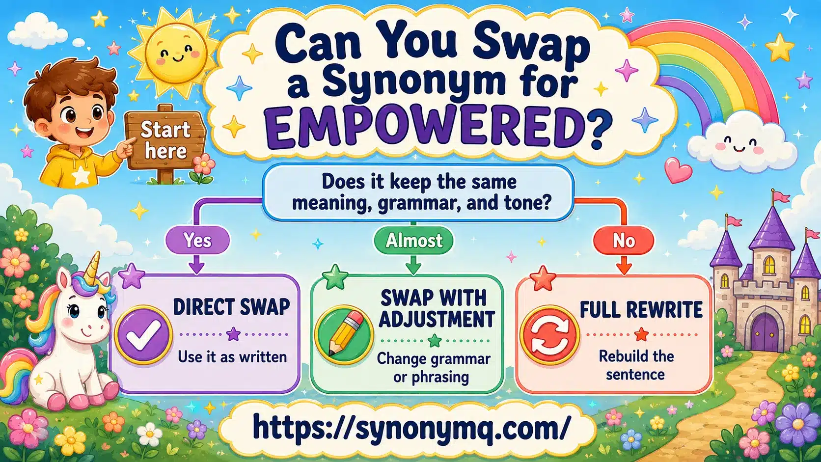 Flowchart infographic showing whether a synonym for empowered is a direct swap, a swap with adjustment, or needs a full rewrite of the sentence.