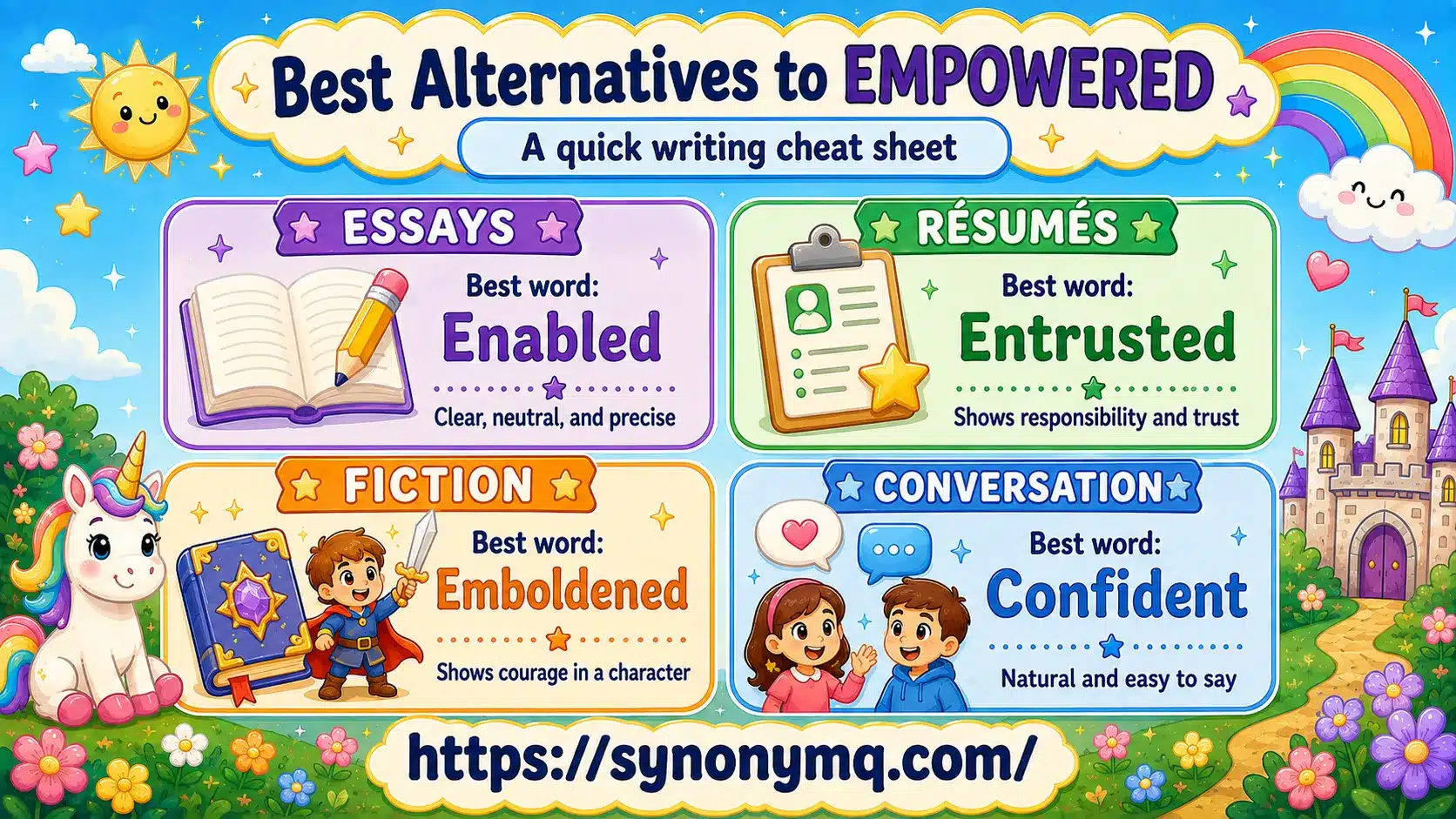 Summary cheat sheet infographic pairing each writing situation with the best alternative to empowered, covering essays, resumes, fiction and conversation.