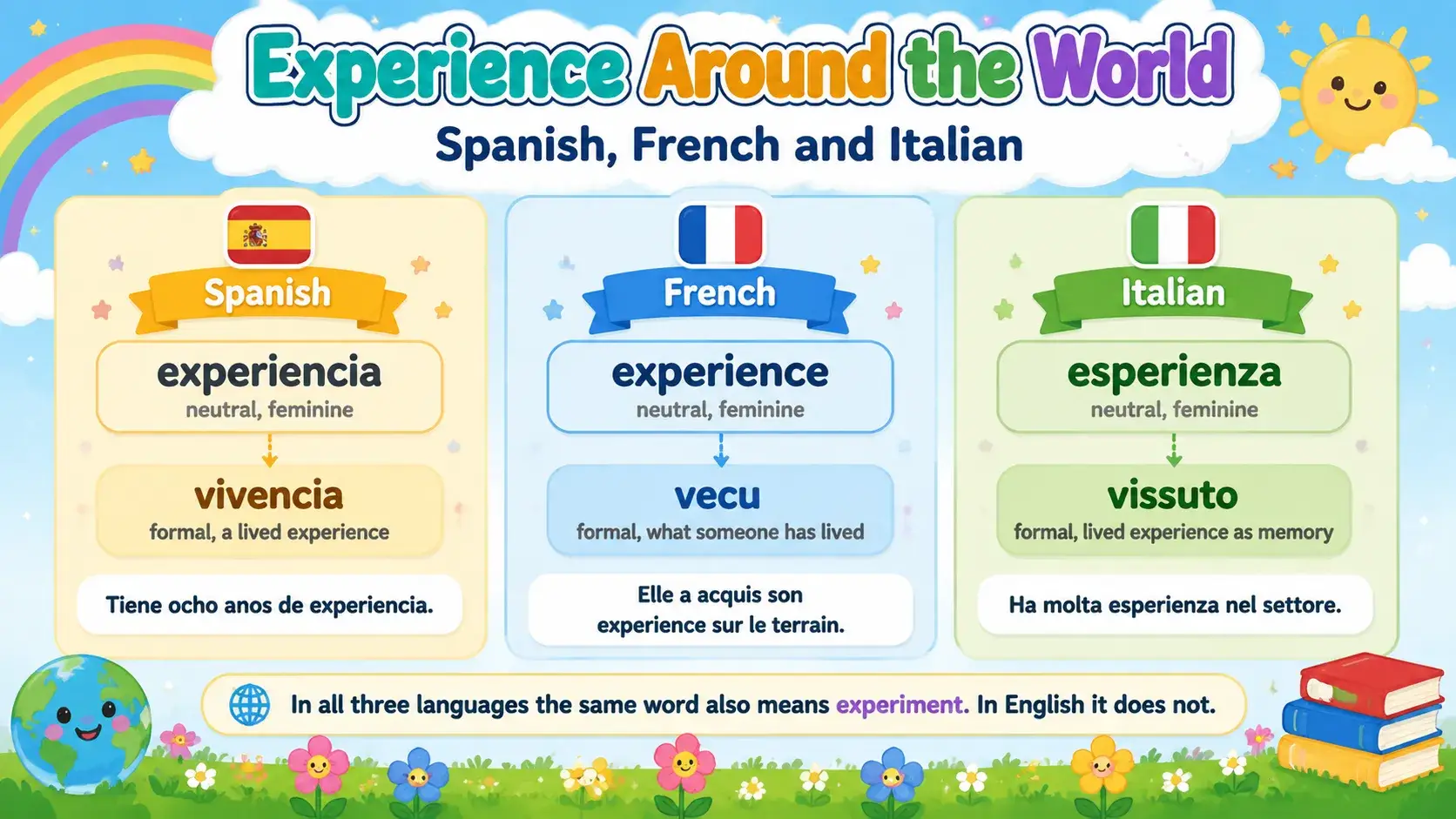 Three panels showing experiencia in Spanish, experience in French and esperienza in Italian, each with a lived-experience alternative