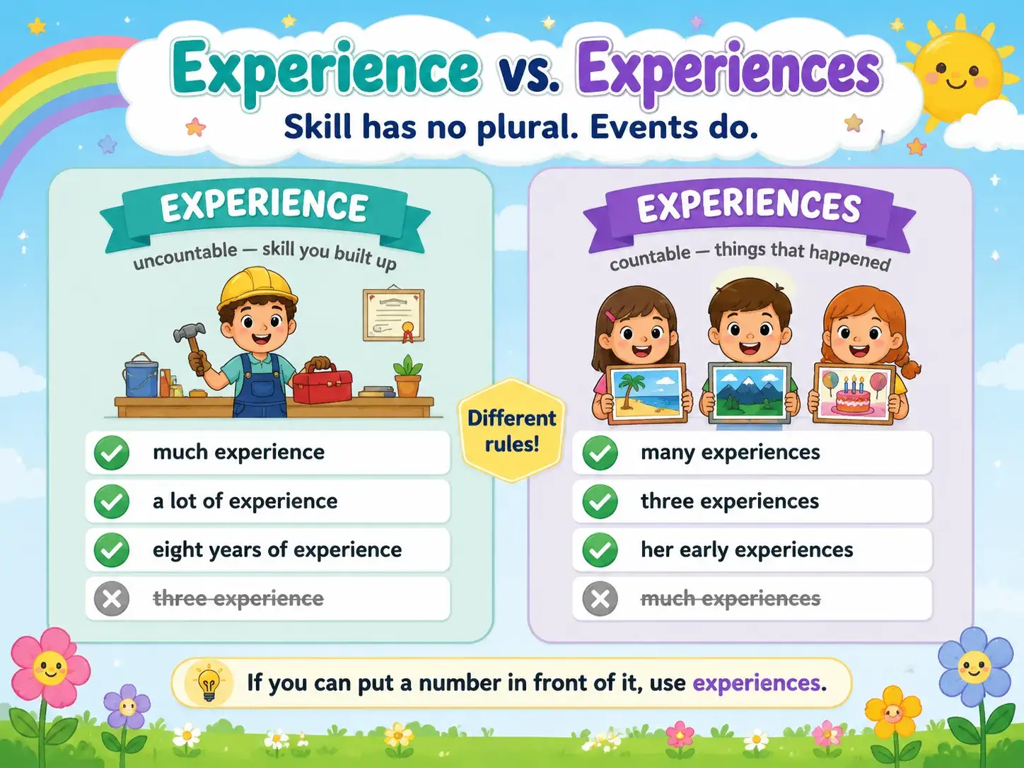 Comparison showing experience as uncountable with much and years of, and experiences as countable with many and three