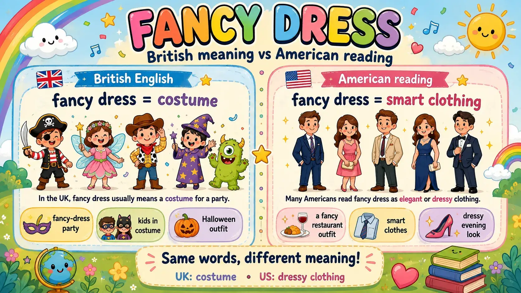 Two-panel graphic contrasting British fancy dress meaning costume with the American reading of smart clothing