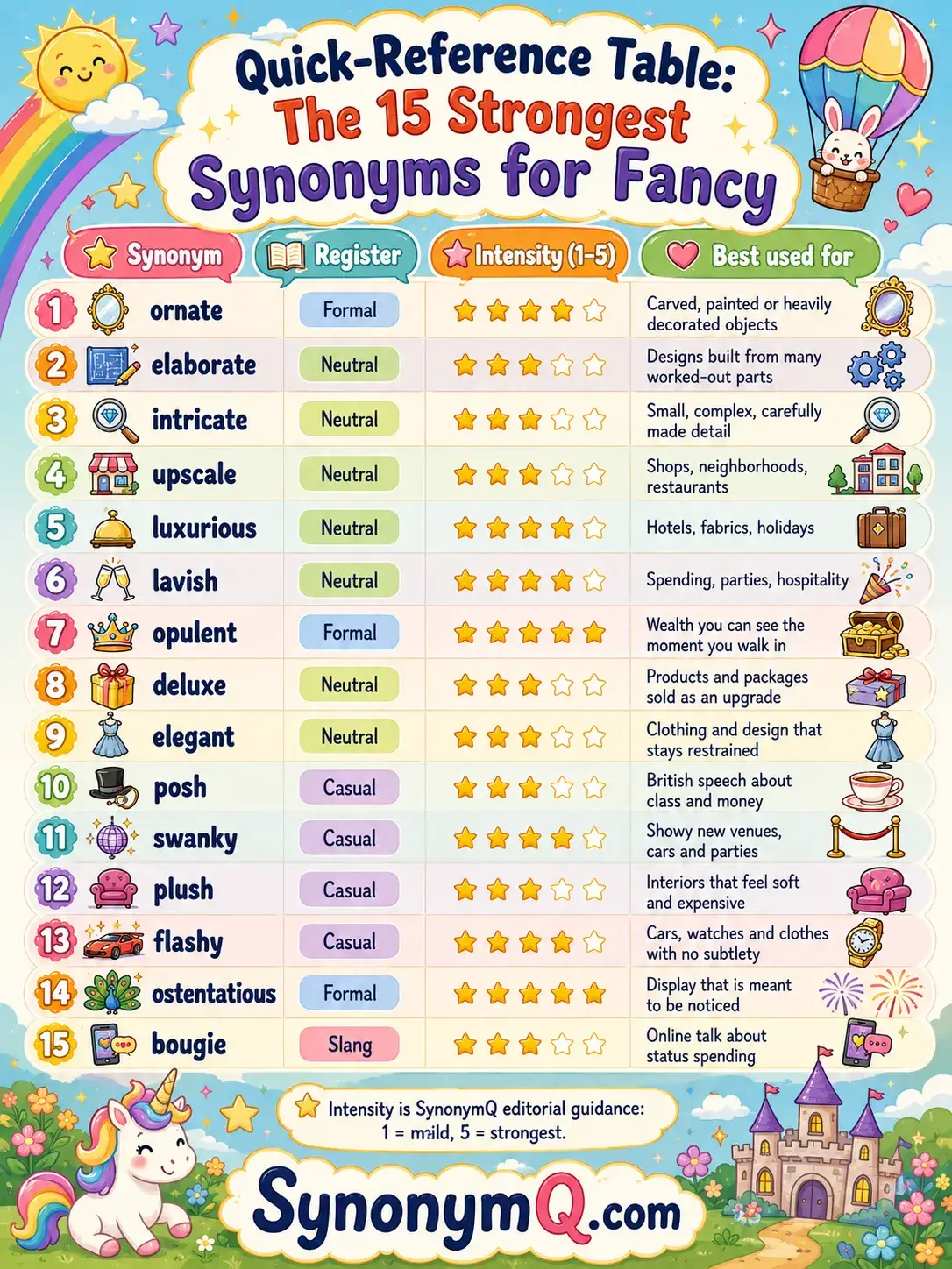 Three-column chart showing fancy as an adjective, verb and noun with example phrases for each sense
