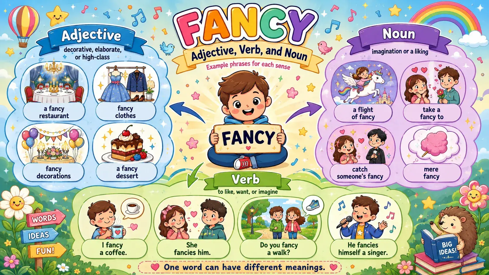 Register chart sorting synonyms for fancy into formal, neutral, casual, slang, literary and archaic bands