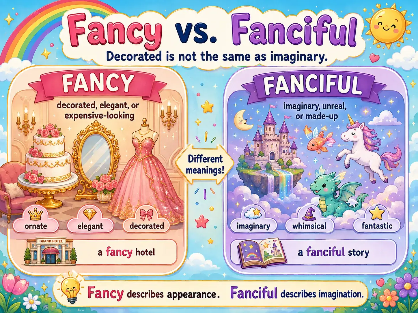 Side-by-side card contrasting fancy meaning decorated with fanciful meaning imaginary