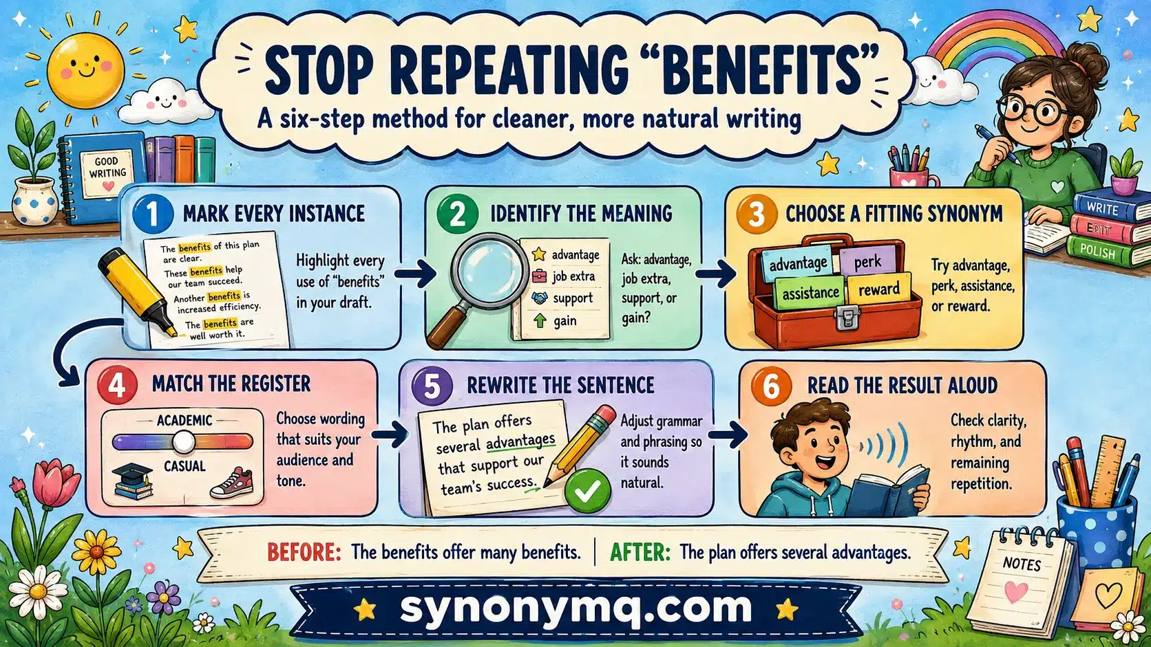Six-step method for removing repeated uses of benefits from a draft, from marking every instance to reading the result aloud.