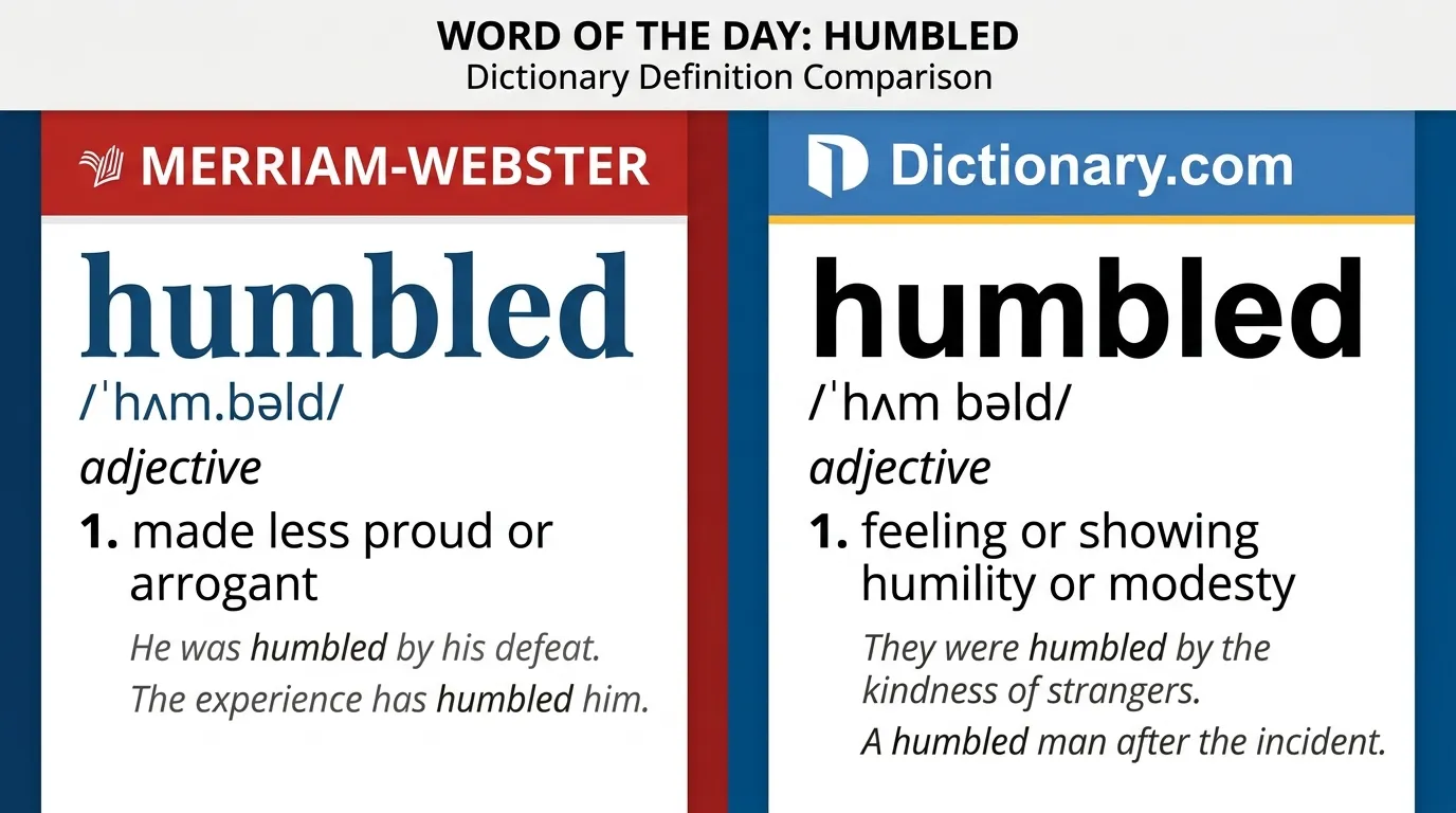 Dictionary.com and Merriam-Webster entries for humbled shown side by side with their first senses