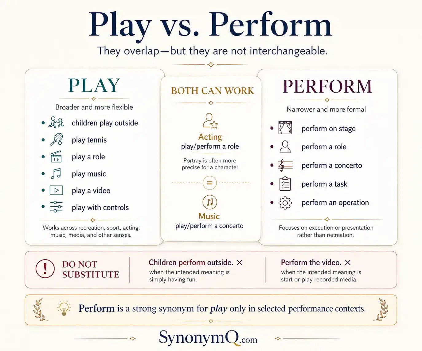 Synonyms for played grouped by context and meaning