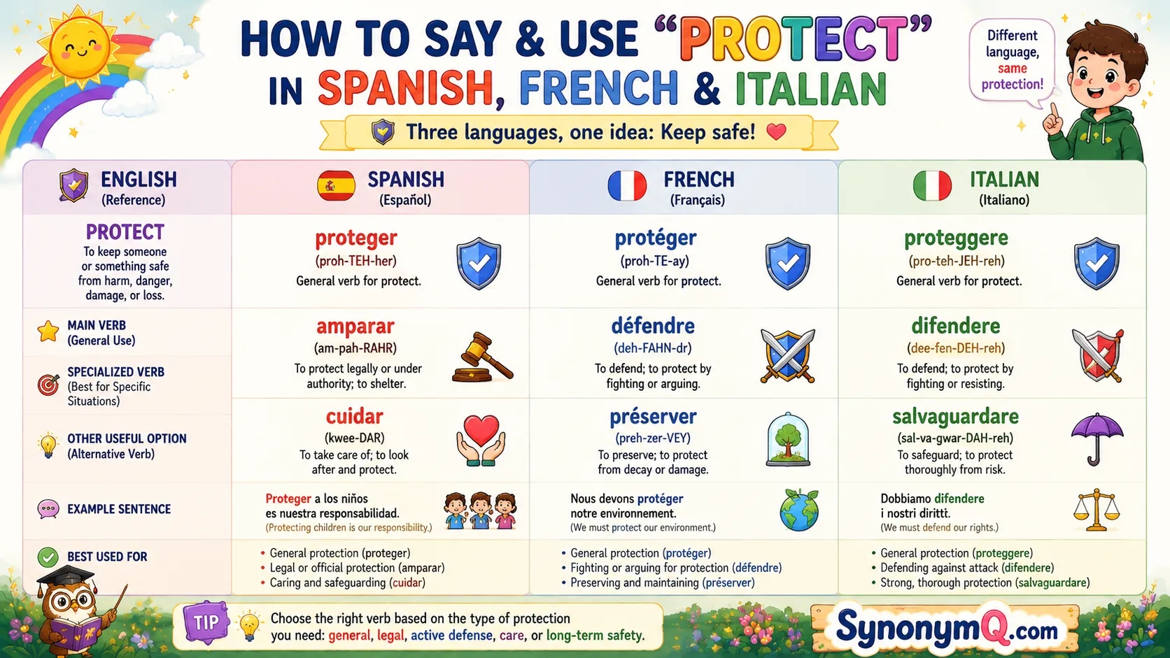 Table showing protect in Spanish, French and Italian with the specialized verb for each language
