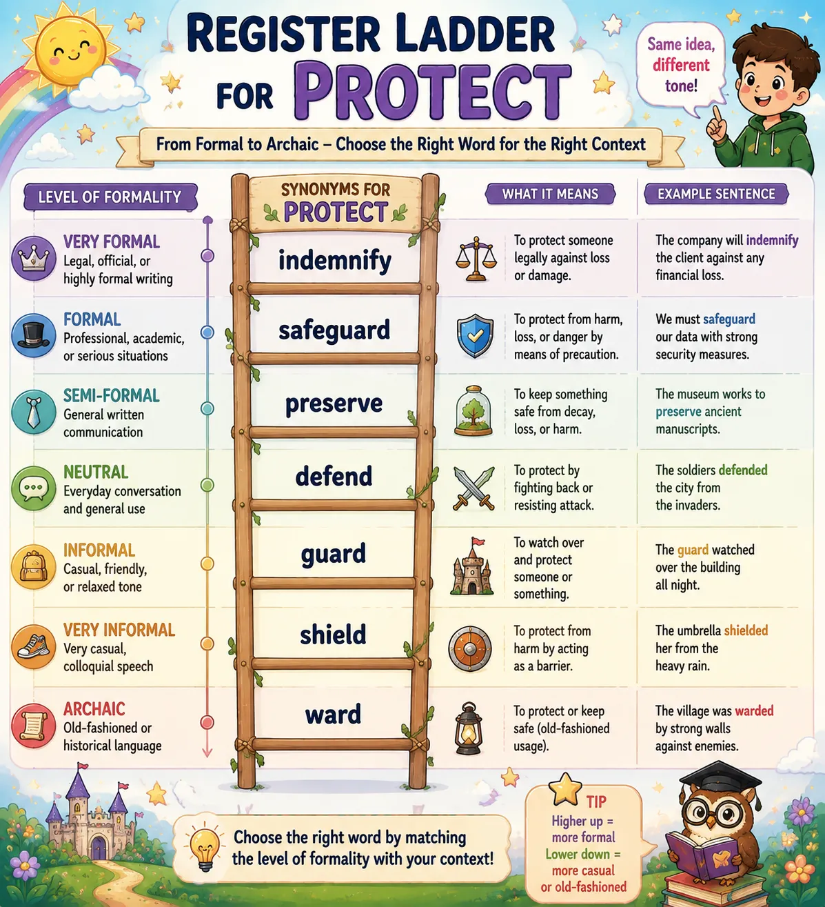 Register ladder for protect synonyms running from formal indemnify down to archaic ward