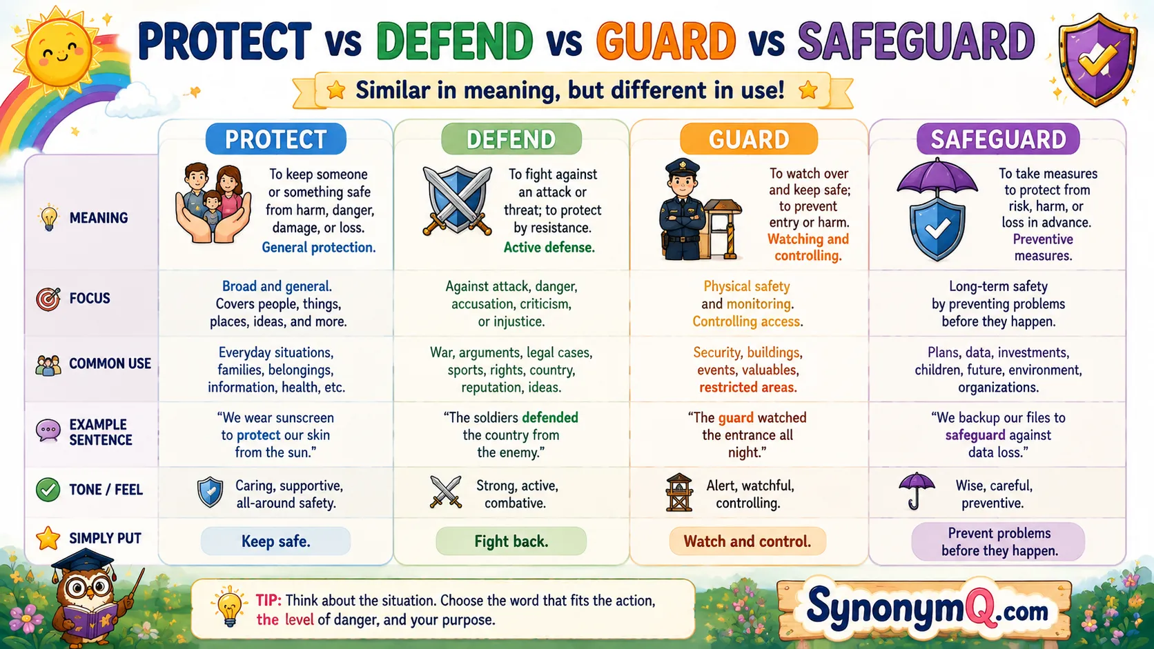 Side-by-side comparison card for protect versus defend versus guard versus safeguard