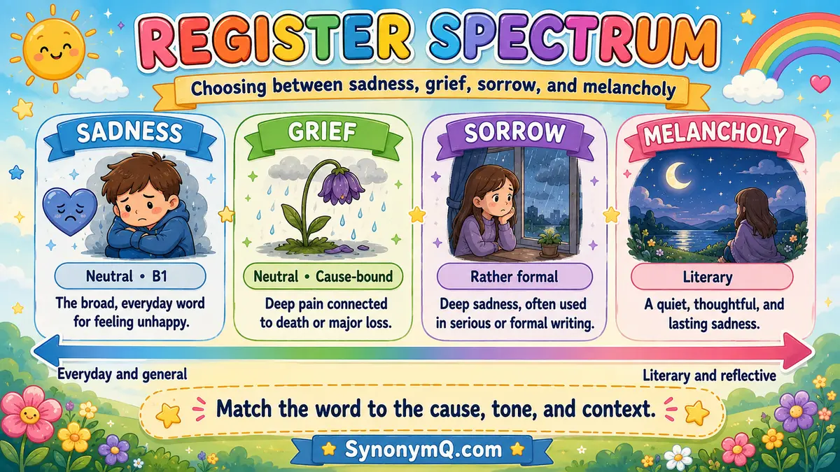 Register spectrum — sadness (neutral, B1), grief (neutral but cause-bound), sorrow (rather formal), melancholy (literary)