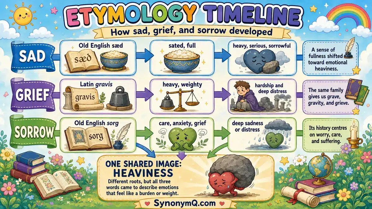 Etymology timeline — sad (OE sæd 'sated, full' → 'heavy') and grief (Latin gravis 'weighty') converging on heaviness, sorrow 