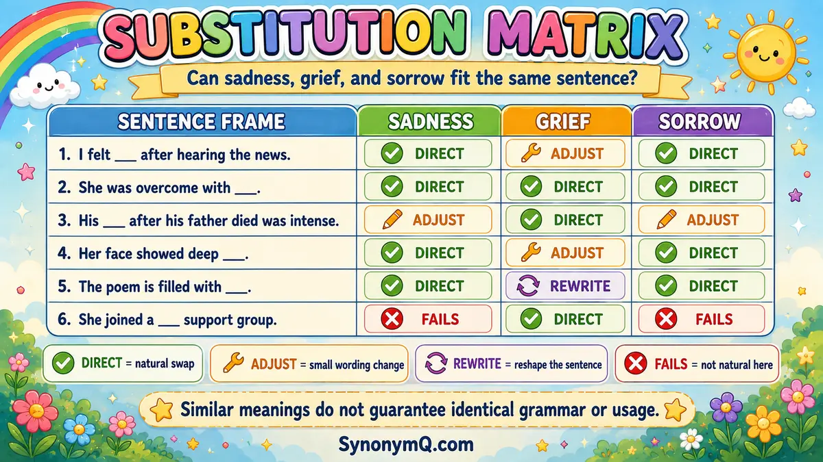 Substitution matrix — the three words against six sentence frames, colour-coded direct swap / adjust / rewrite / fails