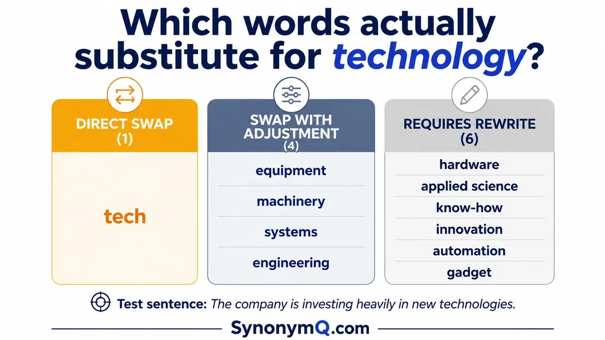 Eleven alternatives to technology sorted into direct swap, swap with adjustment and requires rewrite