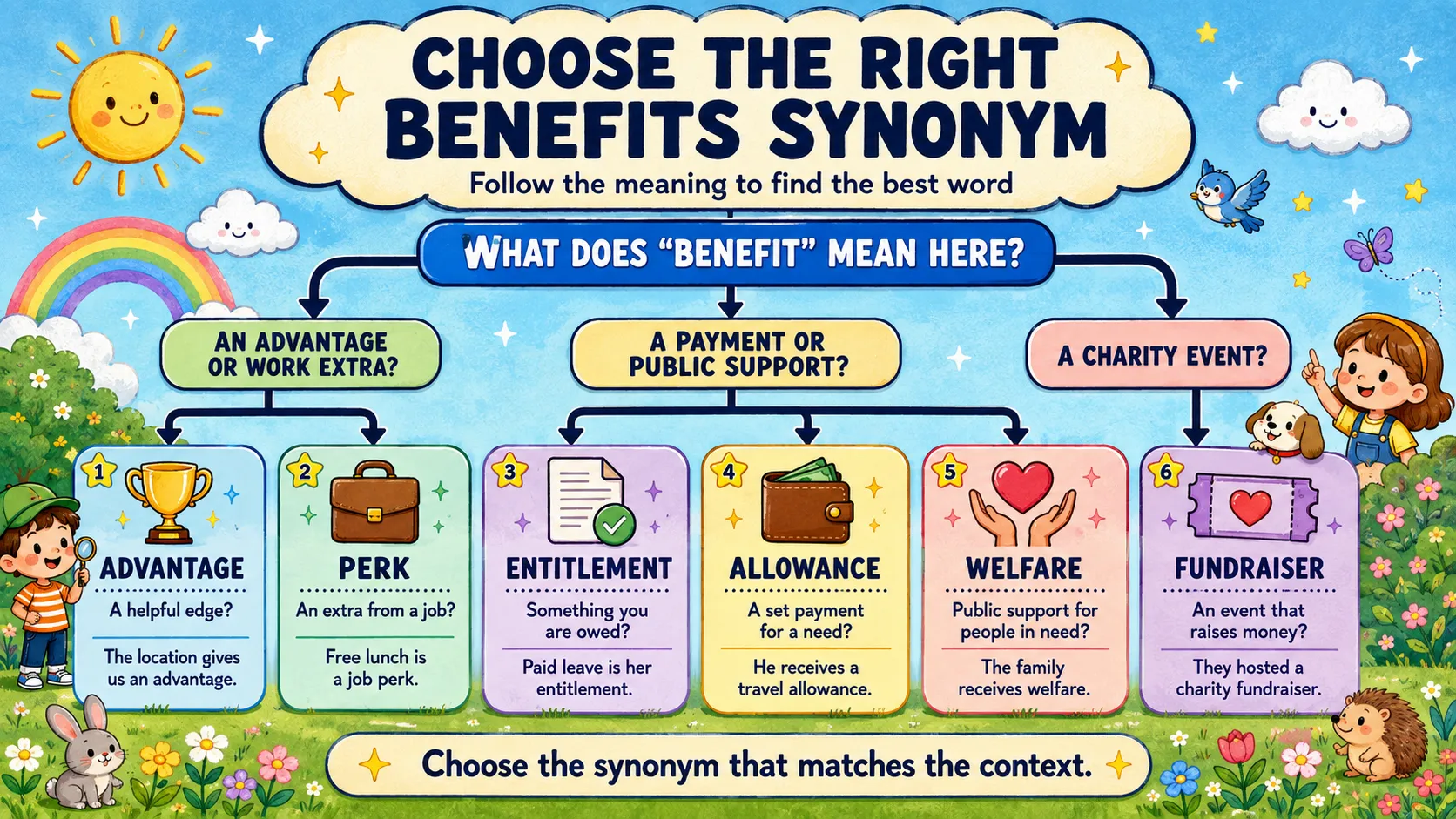 Decision flowchart for choosing a benefits synonym, branching from meaning to advantage, perk, entitlement, allowance, welfare or fundraiser.
