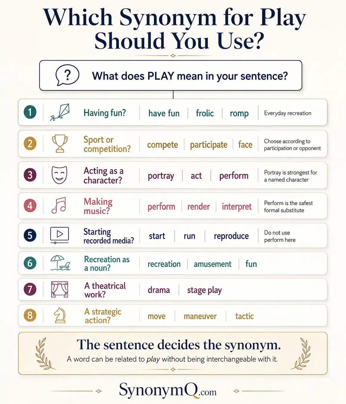 Decision guide for choosing the right synonym for play by meaning and context