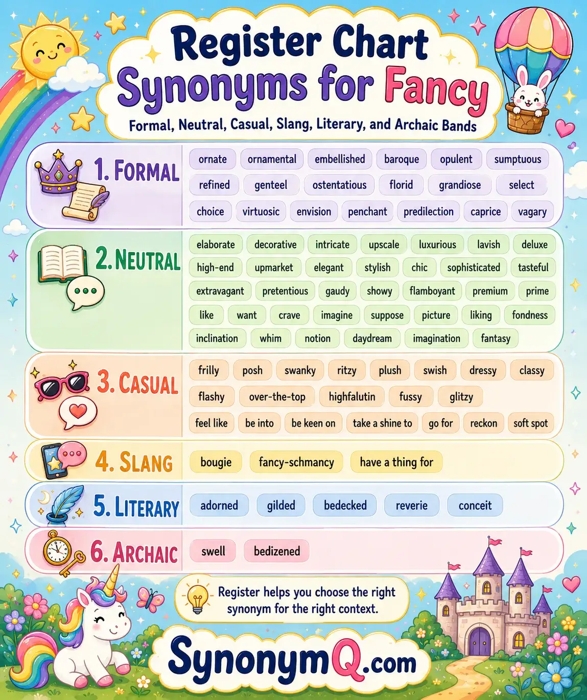 Flowchart choosing a synonym for fancy by meaning and by whether you are praising or criticizing