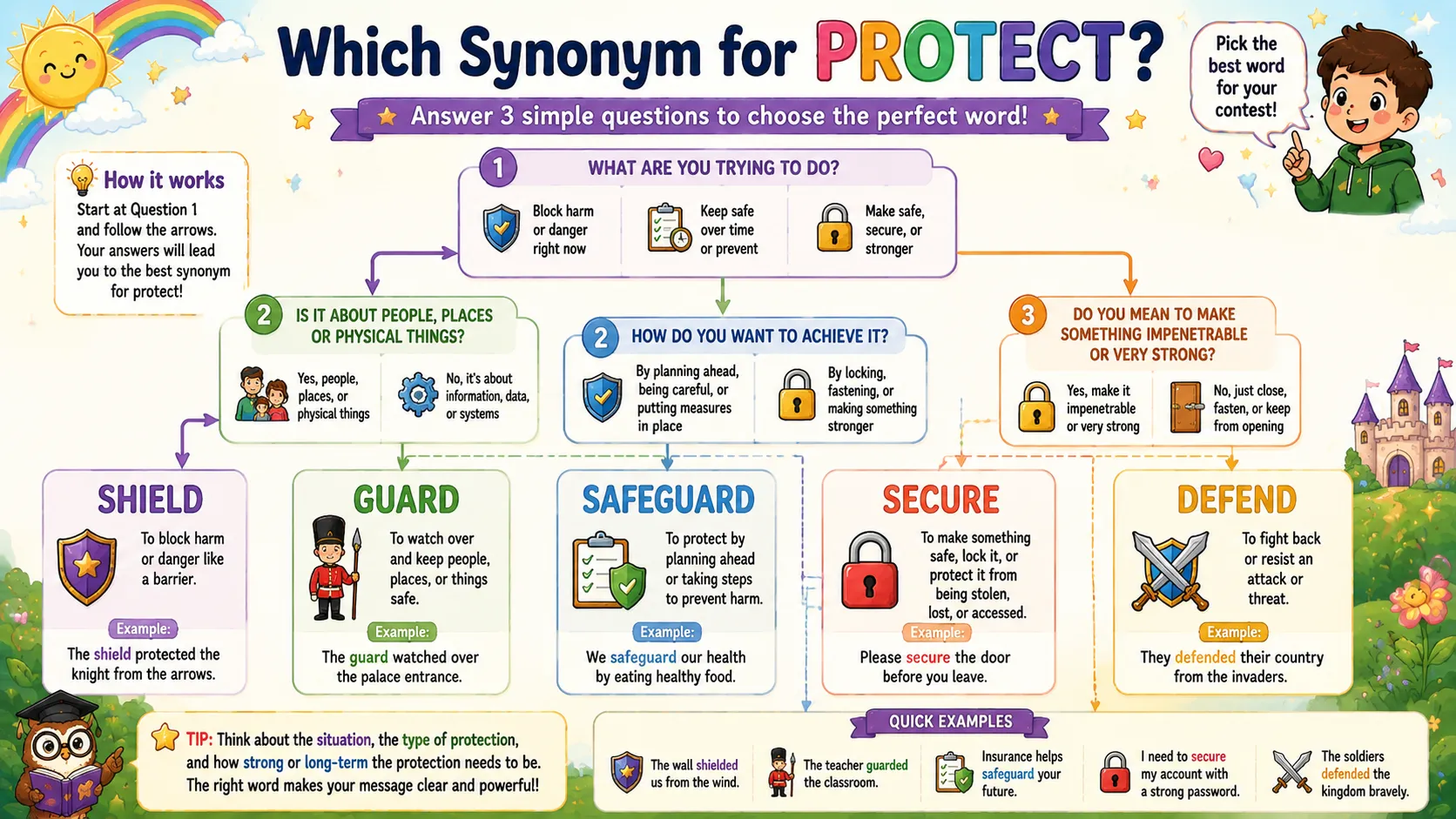 Flowchart with three questions that select the correct synonym for protect