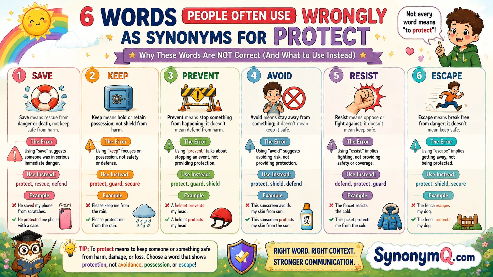 Infographic listing six words wrongly used as synonyms for protect and the error each one causes