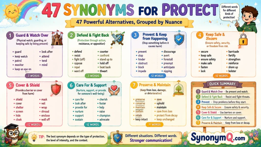 47 synonyms for protect grouped into seven nuance clusters