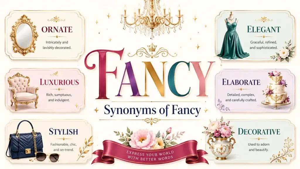 Synonyms for fancy, grouped by decoration, expense and disapproval