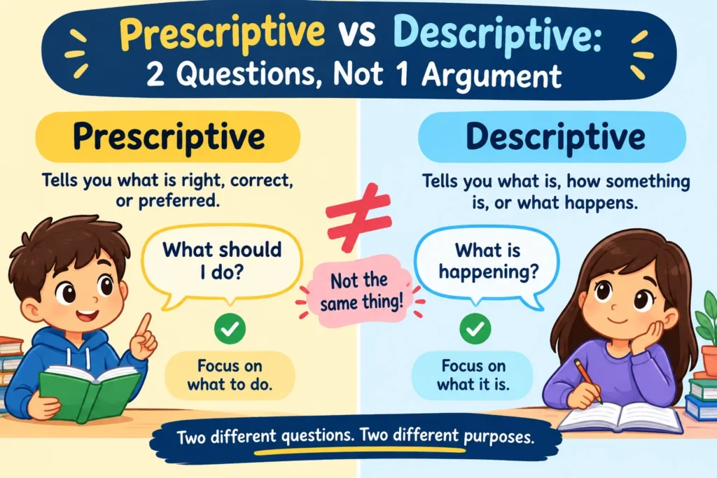 Perscriptive vs descriptive 2 questions Not 1 argument