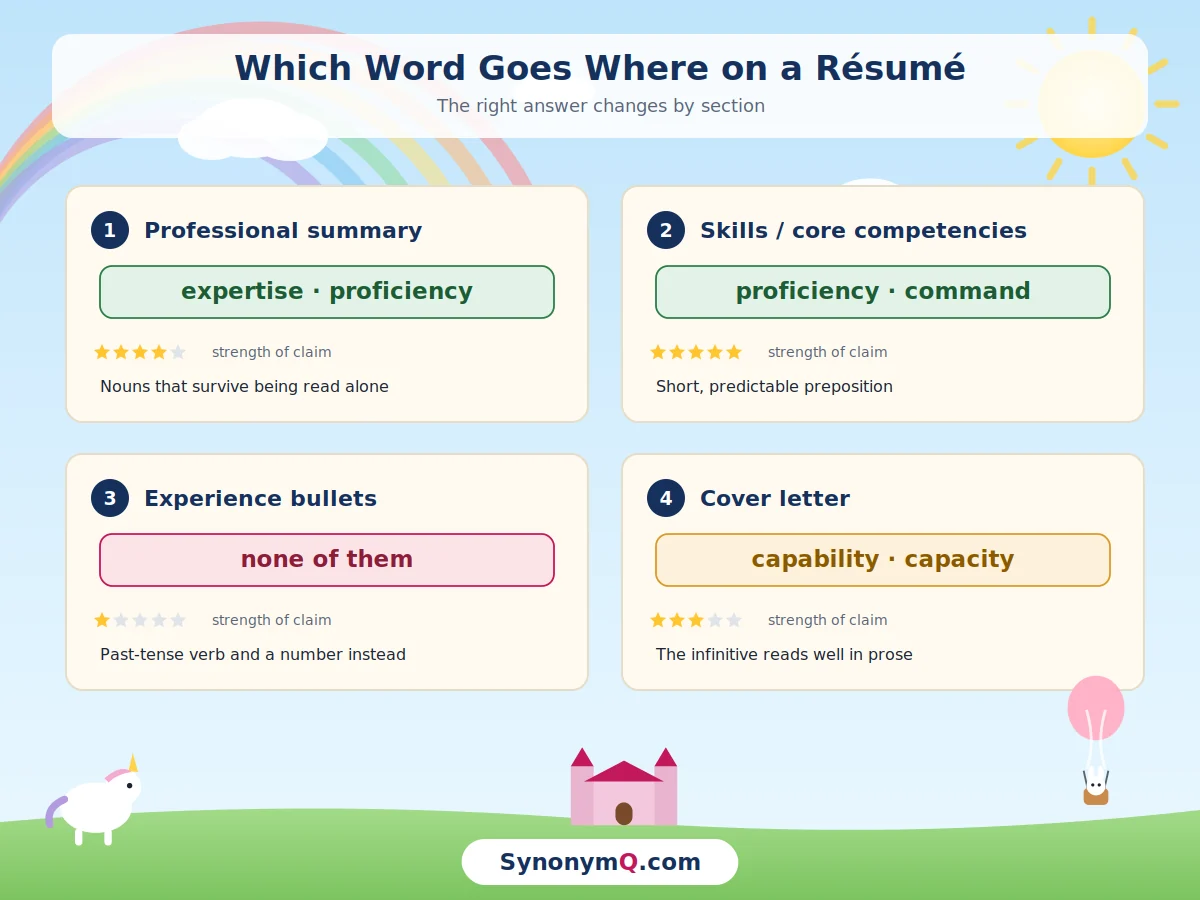 Guide to which word suits each résumé section: expertise or proficiency in the summary, proficiency or command in the skills list, none in experience bullets, capability or capacity in a cover letter.