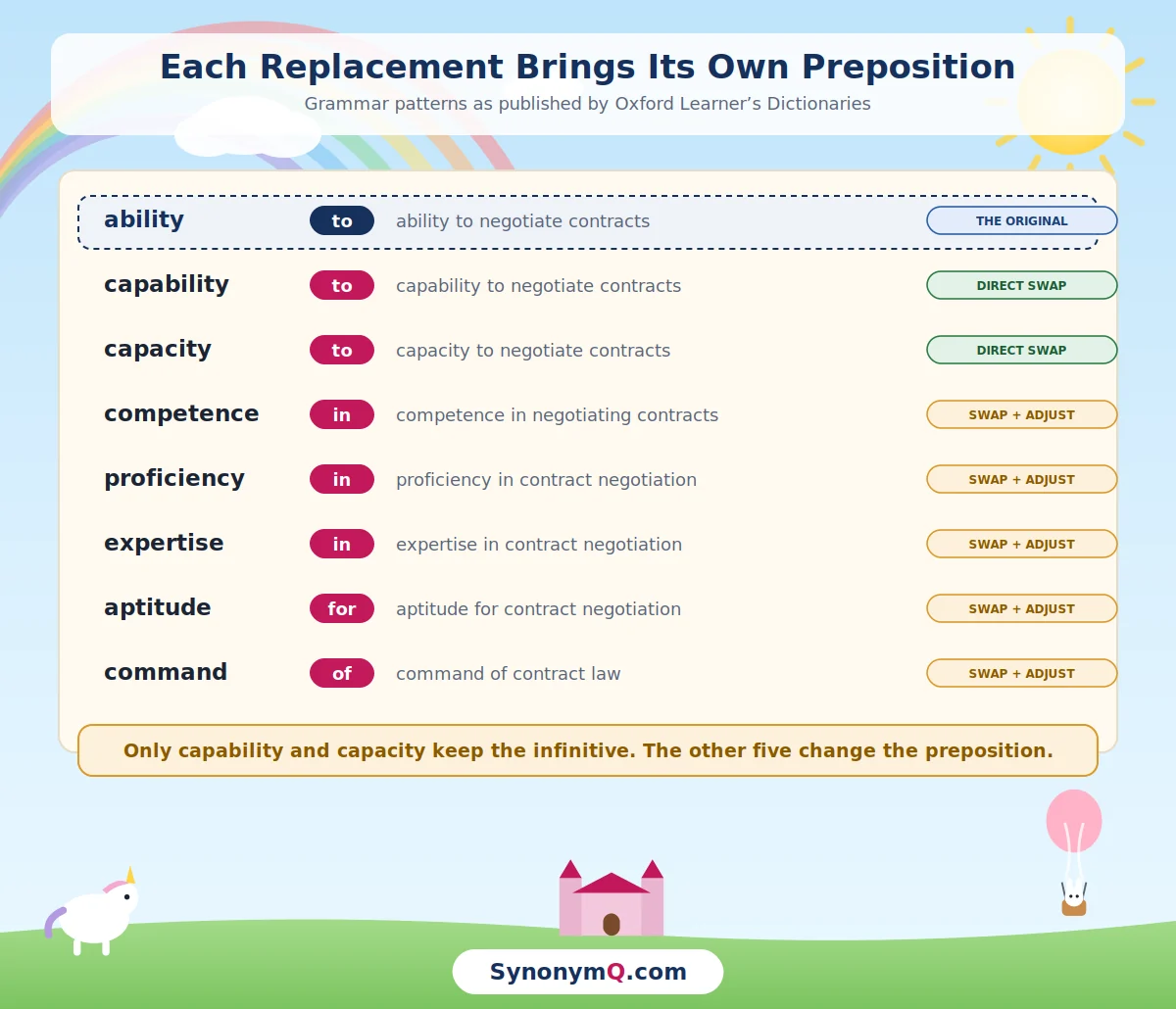 Grammar pattern table: ability, capability and capacity take the preposition to; competence, proficiency and expertise take in; aptitude takes for; command takes of.