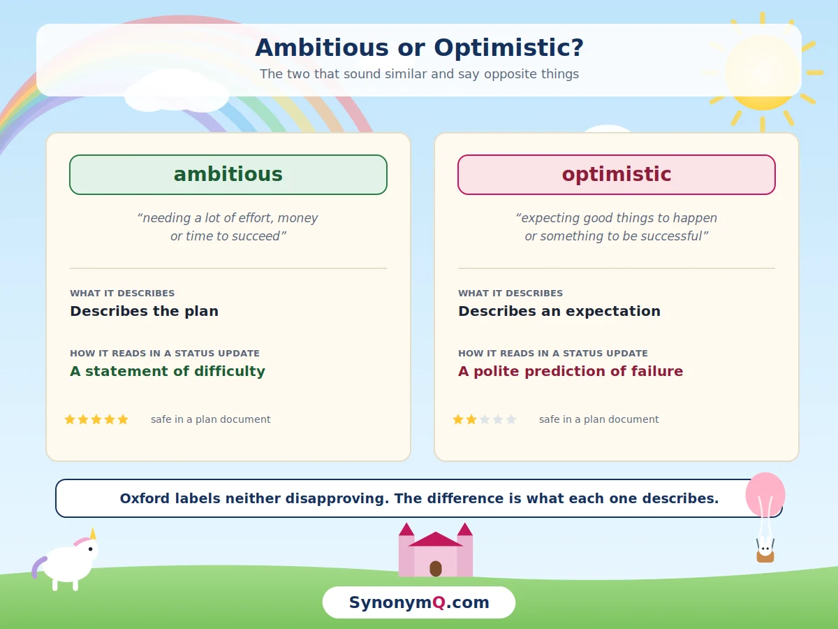Side-by-side comparison of ambitious and optimistic with their Oxford definitions, showing that ambitious describes the plan while optimistic describes an expectation about it.