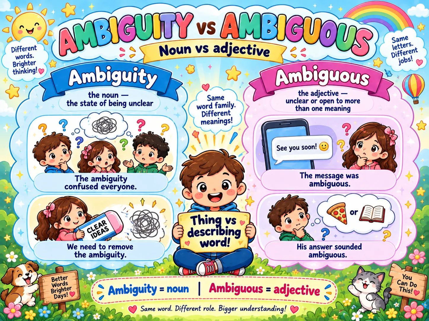 Ambiguity is the noun meaning the state of being unclear; the adjective form describes something with more than one meaning, shown with example sentences