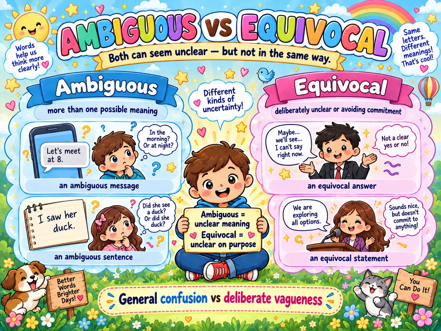 Ambiguous means more than one possible meaning shown with a text message example; equivocal means deliberately unclear or avoiding commitment shown with a politician giving a noncommittal answer